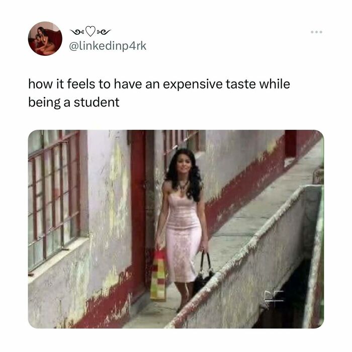 Student meme showing a woman in a fancy dress walking with confidence, illustrating expensive taste while being a student.