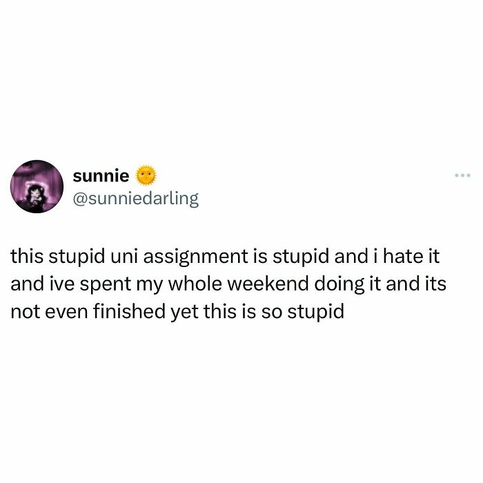 Tweet from a student expressing frustration about spending a whole weekend on a university assignment and still not finishing it.