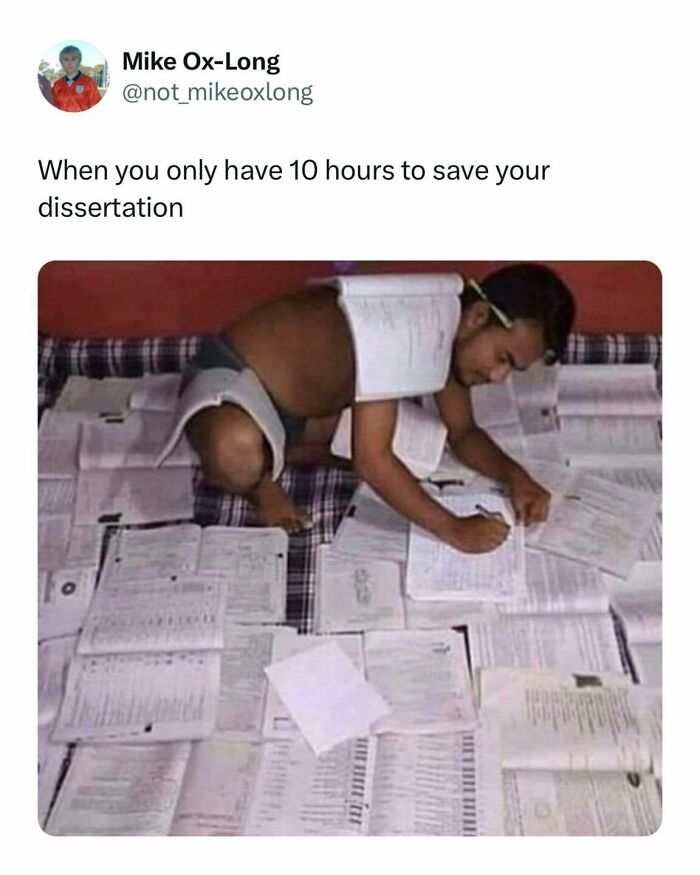 Student surrounded by papers, working intensely to finish a dissertation with limited time, showing a painfully relatable meme.