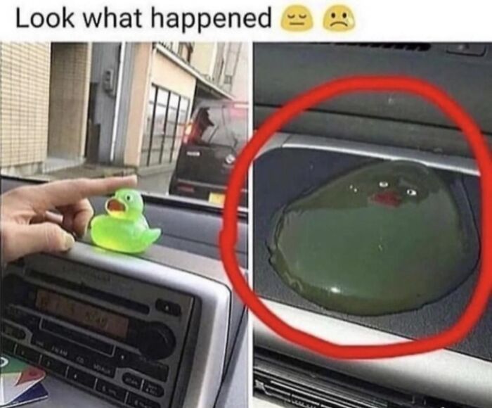 Green rubber duck on a car dashboard and a melted version with a face drawn, a blursed image that confuses perception.