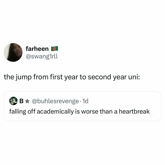 Student meme showing the struggle of academic challenges from first year to second year university experience.