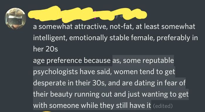 Screenshot of a sexist comment revealing biased views on women’s age and attractiveness, highlighting sexist men behavior online.