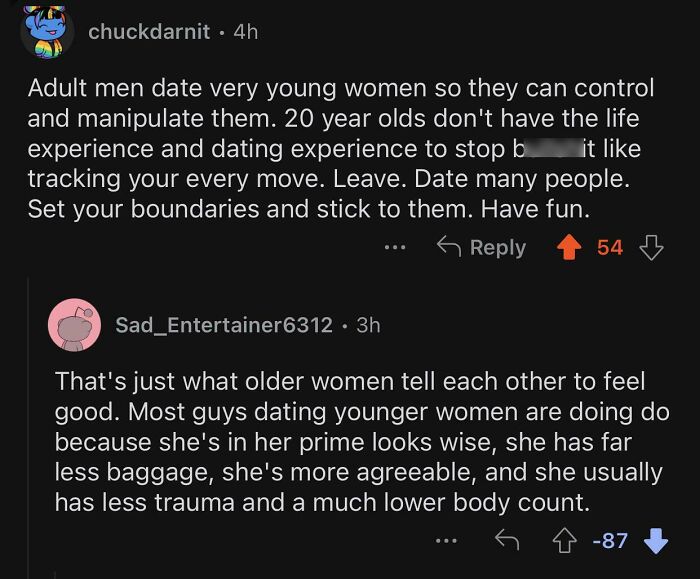 Online comments revealing sexist attitudes of men toward women in dating, highlighting control and manipulation issues.