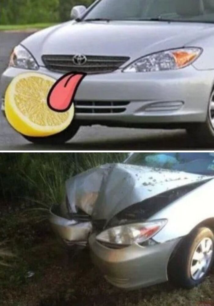 Silver car edited with a lemon and cartoon tongue on bumper overlaid with an image of a crashed silver car, blursed images.