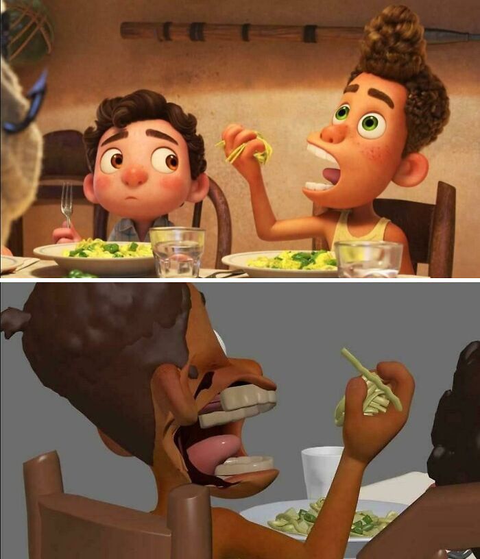 Two animated characters eating pasta, one with an exaggerated open mouth, illustrating blursed images humor concept.