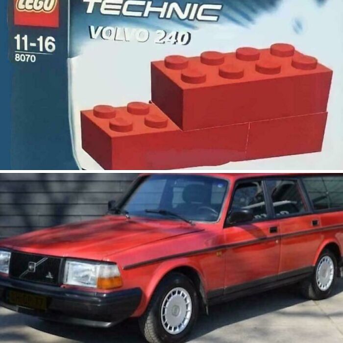 Lego Technic set with a block design resembling a Volvo 240 car in red, showcasing a blursed visual concept.
