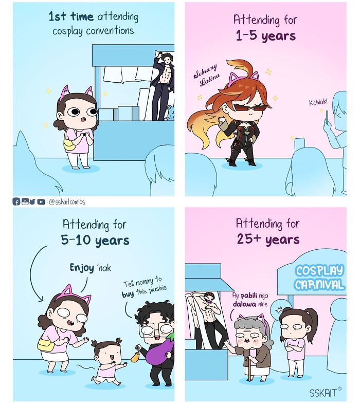 Filipino humor captured in a comic strip showing different cosplay convention experiences over the years.