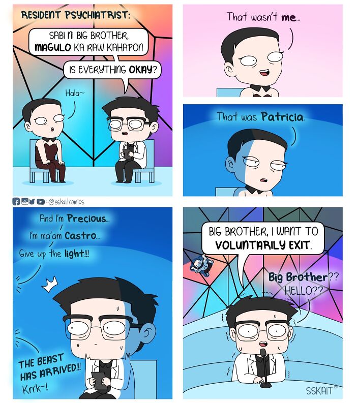 Comic panels showing Filipino humor with a psychiatrist and patient discussing confusion and a voluntary exit in a humorous way.