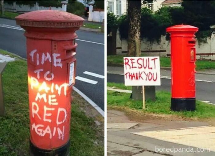 Red mailbox before and after painting with a sign showing the unexpected wholesome result in a neighborhood street setting.