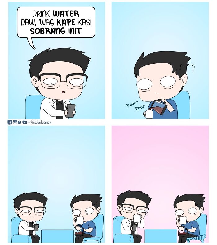 Comic strip humorously captures Filipino humor with characters discussing drink choices on a hot day in a simple setting.