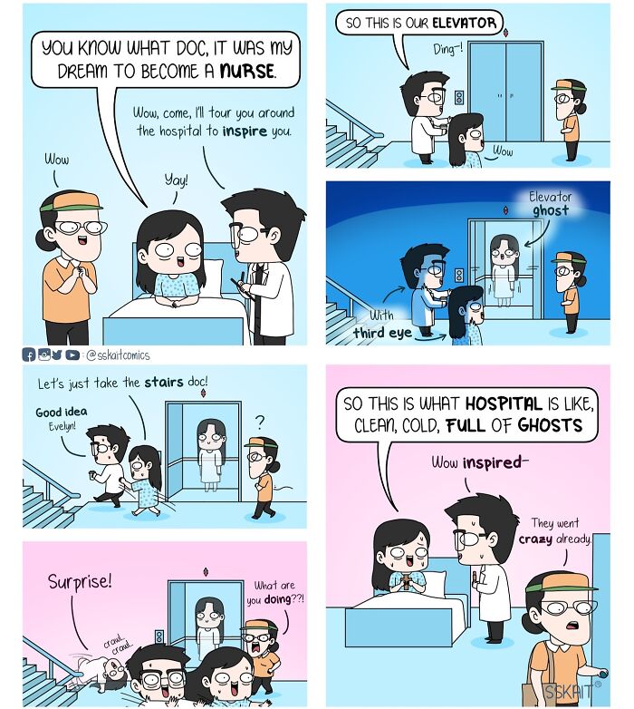 Comic panels showing Filipino humor with characters in a hospital, featuring ghosts and funny dialogue about elevators and nurses.