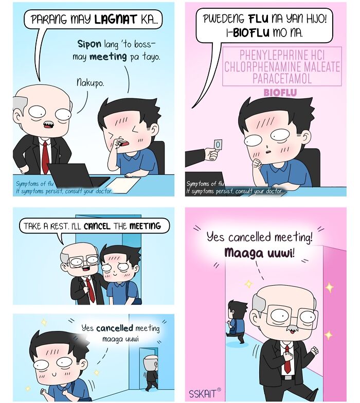 Comic strip capturing Filipino humor with a boss and employee discussing flu symptoms and meeting cancellation.