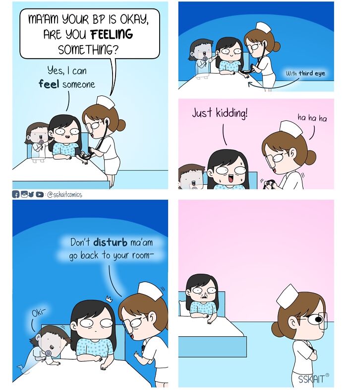 Comic strip illustrating Filipino humor with a nurse and patient in a lighthearted hospital scene.