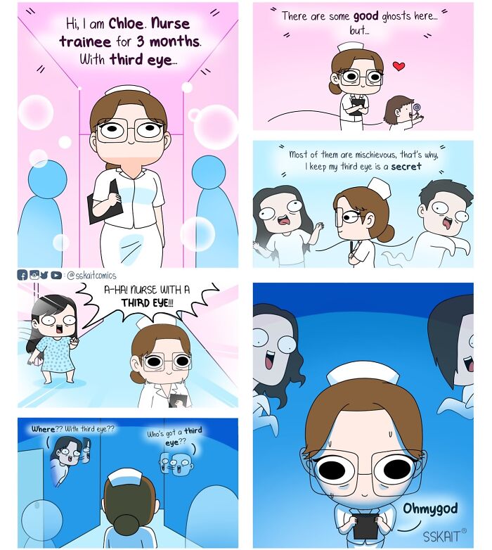 Comic panels showing a Filipino nurse trainee using her third eye to humorously interact with mischievous ghosts.
