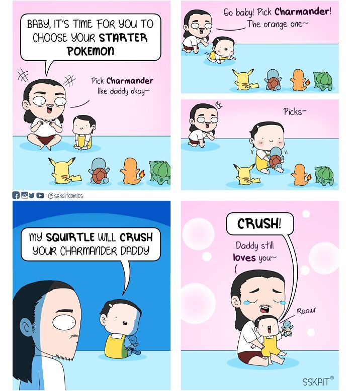 Comic strip showing a father and child humorously choosing Pokémon, capturing Filipino humor in a playful family scene.