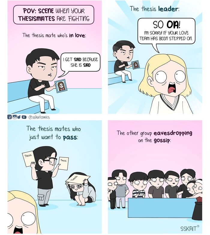 Comic panels humorously capturing Filipino humor through everyday thesis group dynamics and reactions.