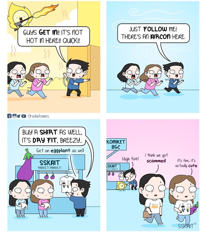 Comic panels showing Filipino humor with characters escaping heat, finding aircon, shopping, and joking about being scammed.