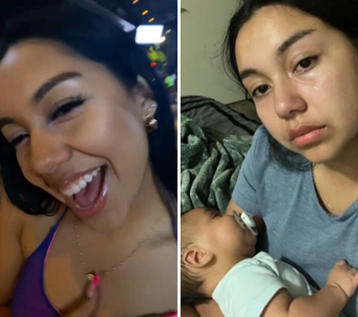 Before and after photos of a mom showing changes in energy and appearance after giving birth in a motherhood transformation series.