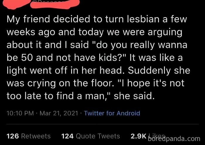 Text post showing a funny and obvious lie shared on social media about turning lesbian and wanting kids later.