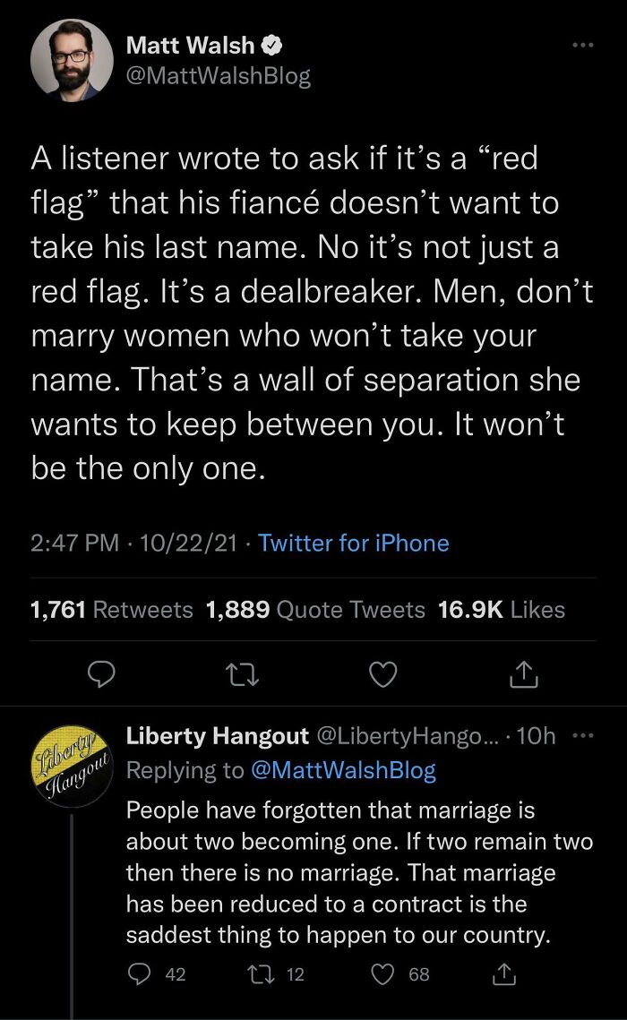 Screenshot of a social media post discussing sexist views on marriage and women not taking their partner’s last name.