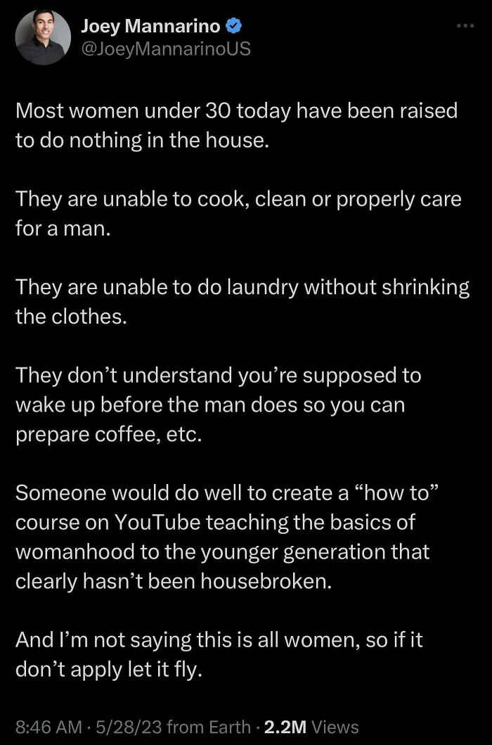 Tweet from Joey Mannarino expressing sexist views about women and traditional gender roles, related to sexist men keyword.