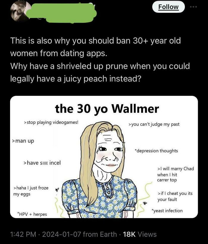 Alt text: A sexist social media post mocking 30-year-old women with offensive stereotypes, highlighting sexist behavior.