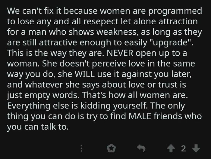 Screenshot of a sexist comment expressing negative views about women, reflecting harmful sexist attitudes.