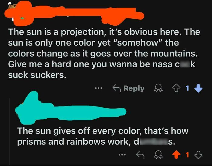 Screenshot of an online discussion where users debate sun colors with comments showing a lack of critical thinking.
