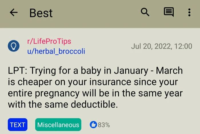 Reddit LifeProTips about saving on insurance costs by timing pregnancy in current life in the US through Americans' eyes.