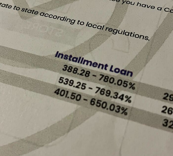 Close-up of an installment loan document showing high interest rates, reflecting challenges in current life in the US.