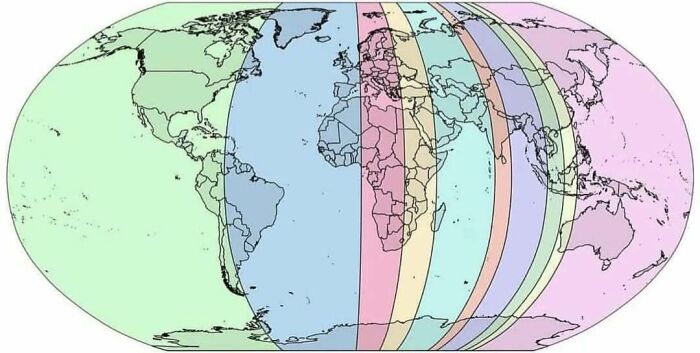 Colored world map displaying various geographic zones and time divisions to expand knowledge of the world through curious maps.