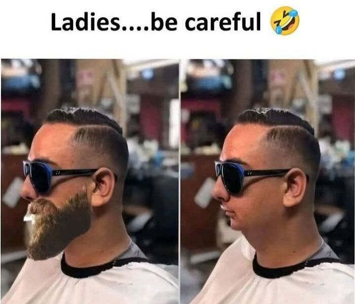Man with sunglasses and a fake beard transforming into a clean-shaven look, showcasing hilarious nonsense meme content.