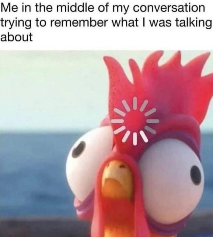 Chicken with bulging eyes and a loading symbol on its head, humorously representing confusion in random memes.