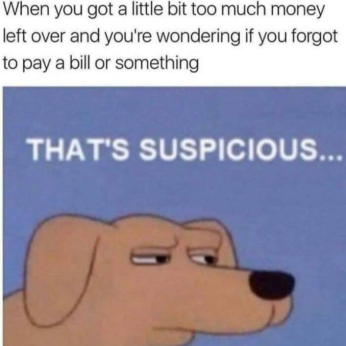 Suspicious dog meme reacting to having extra money left over, capturing a solid dose of hilarious nonsense in random memes.