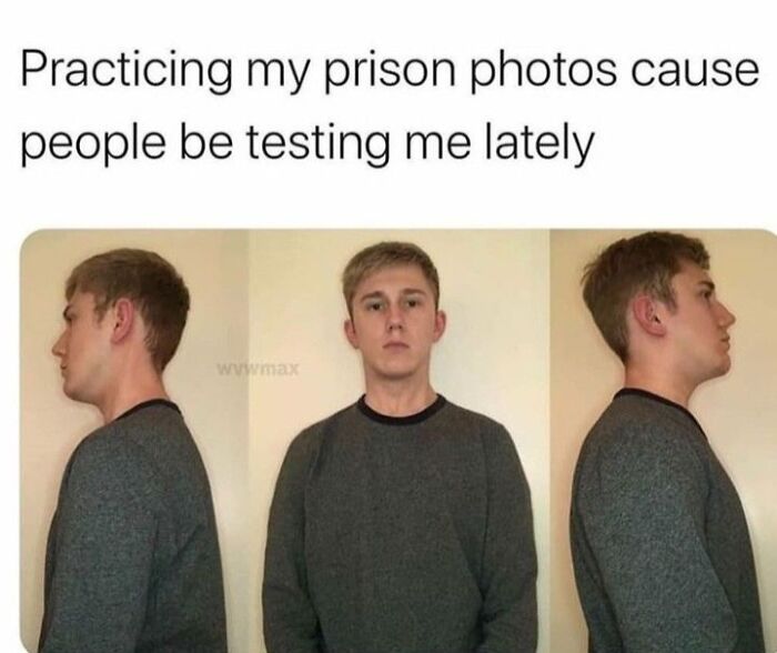 Young man posing for funny random memes photo, practicing prison photos with front and side views for hilarious nonsense.