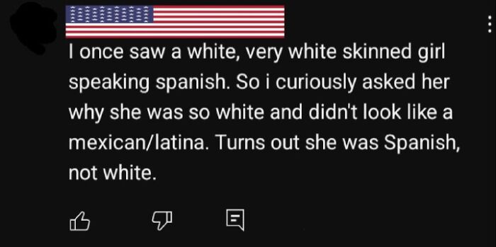 Social media comment showing ignorance about ethnicity and language, illustrating American cultural misunderstandings.