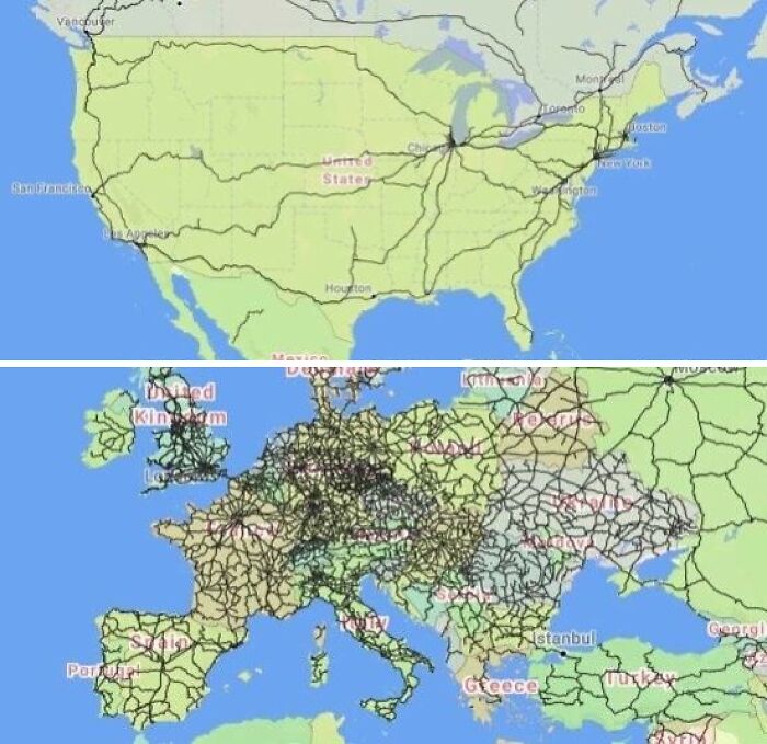 Two maps showing detailed transportation routes across America and Europe, highlighting key connections and regions.