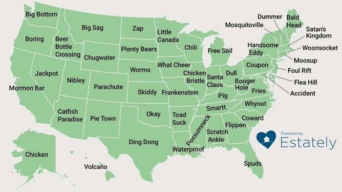 Map of unique and quirky place names across the United States shown in a colorful visual chart.