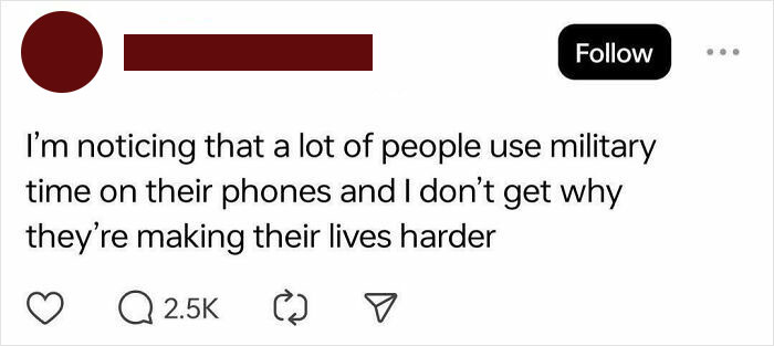 Social media post highlighting American ignorance with confusion over using military time on phones.
