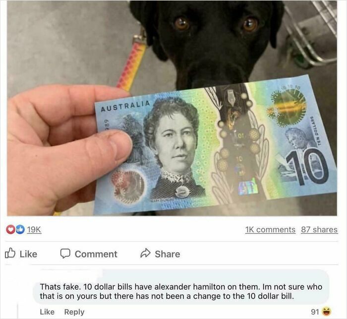 Hand holding an Australian 10 dollar bill with a black dog in the background, illustrating ignorance of Americans' currency knowledge.
