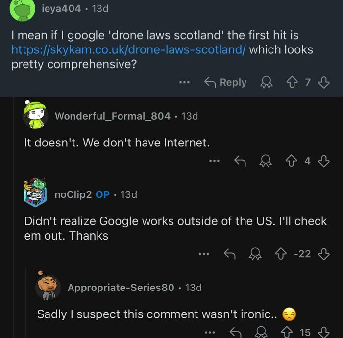 Reddit thread showing a humorous example of ignorance among Americans about Google’s global internet access.