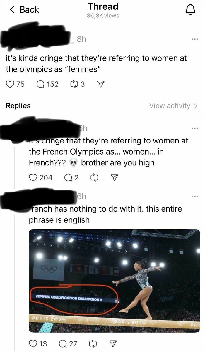 Social media thread showing Americans' ignorance about the term femmes during the Paris 2024 Olympics event.