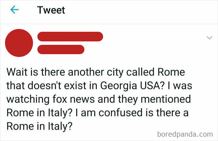 Tweet expressing confusion about the existence of Rome in Italy versus Rome in Georgia, reflecting American ignorance.