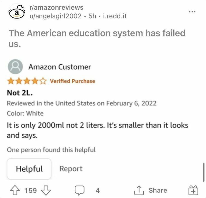 Screenshot of an Amazon review criticizing product size with humor, highlighting ignorance of Americans in measurements.