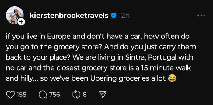 Social post showing ignorance of Americans about living without cars and grocery shopping in Europe, highlighting cultural differences.