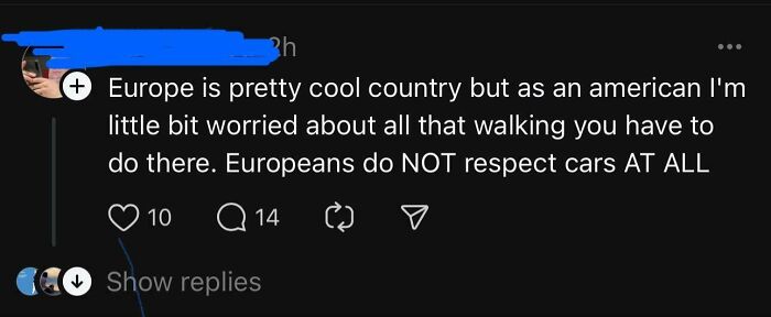 Screenshot of a social media comment showing American ignorance about Europeans not respecting cars and walking habits.