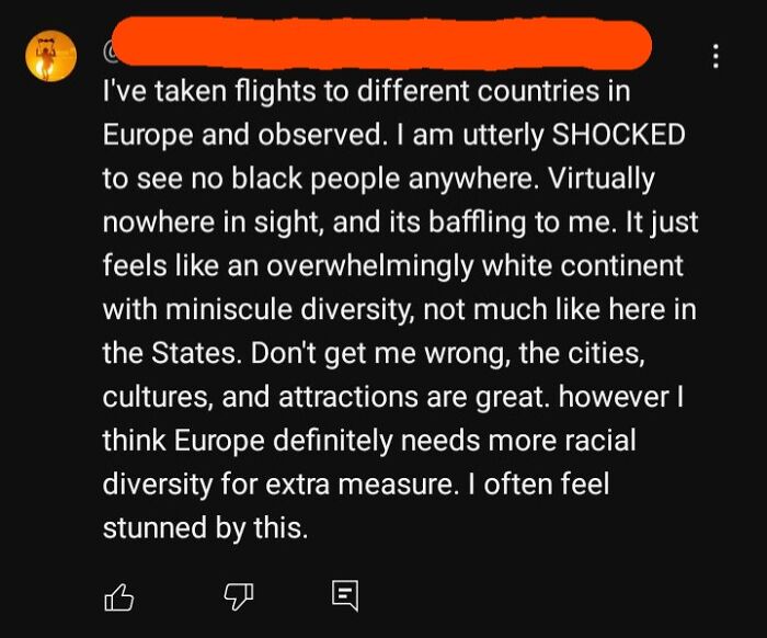 Text post showing ignorance of Americans about racial diversity in Europe, reflecting common misconceptions and stereotypes.