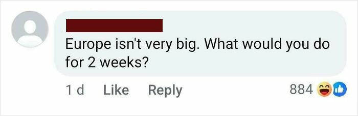Comment saying Europe isn't very big and asking what someone would do for 2 weeks, showing American ignorance example.