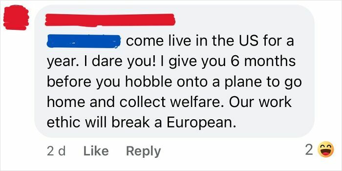 Screenshot of a social media comment illustrating American ignorance with stereotypes about work ethic and welfare in the US.
