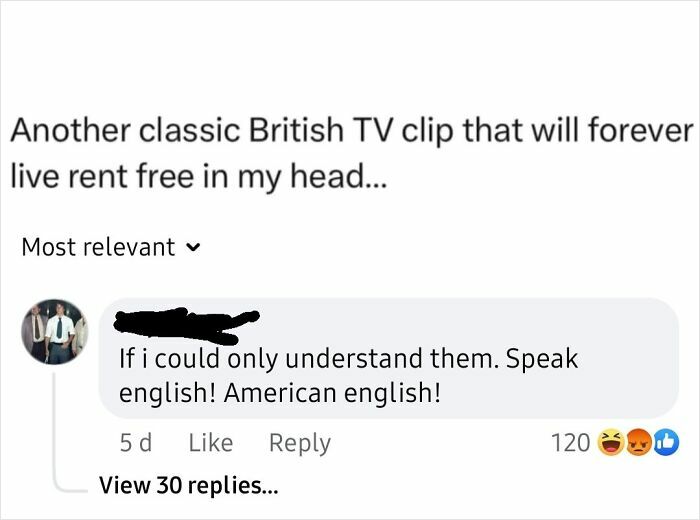 Comment on British TV clip showing American ignorance about language, highlighting American English confusion and cultural misunderstanding.